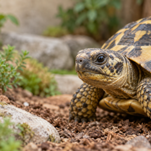 Żółw lądowy z wyraźnym okiem w naturalistycznym terrarium — zdjęcie poglądowe do produktu Ophtalvit-A Chelonia