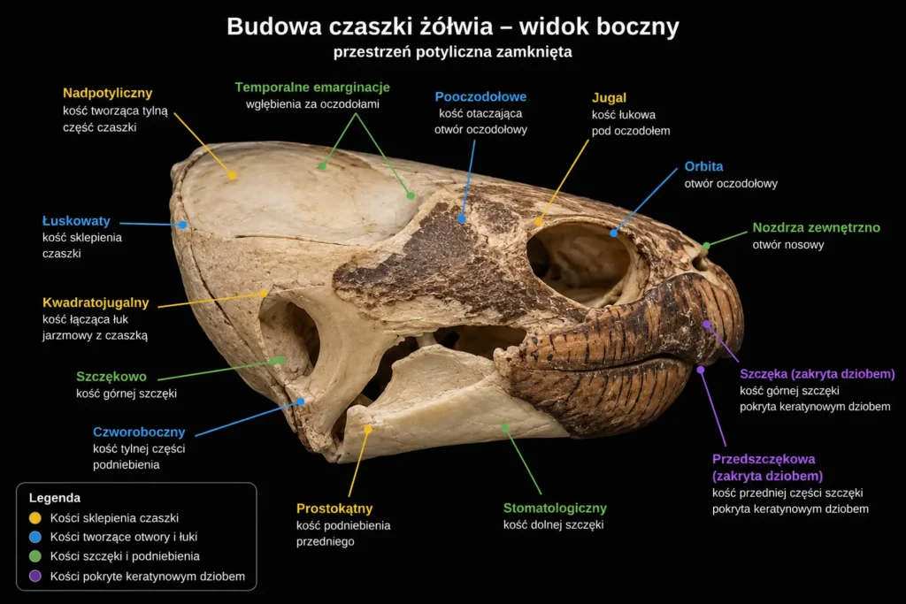 Żółw lądowy i wodno-lądowy - charakterystyka gatunku Widok z boku czaszki i szczęki żółwia