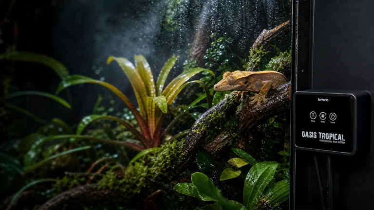 Tropikalna aranżacja terrarium — grafika ze strony marki Terrario