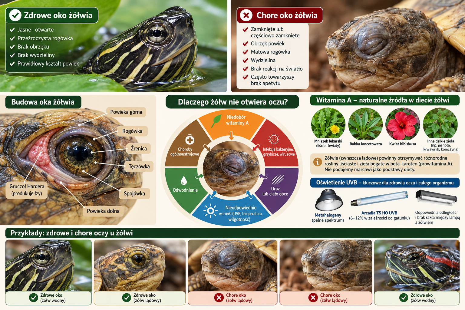 Infografika: zdrowe i chore oczy żółwia – objawy, przyczyny, budowa oka i profilaktyka